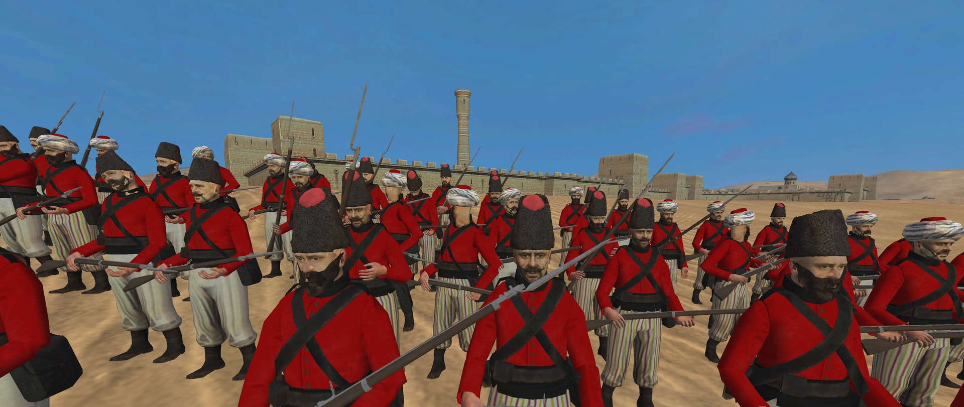 Red-coated infantry carrying bayoneted rifles assemble outside a fortress in Steam & Steel.