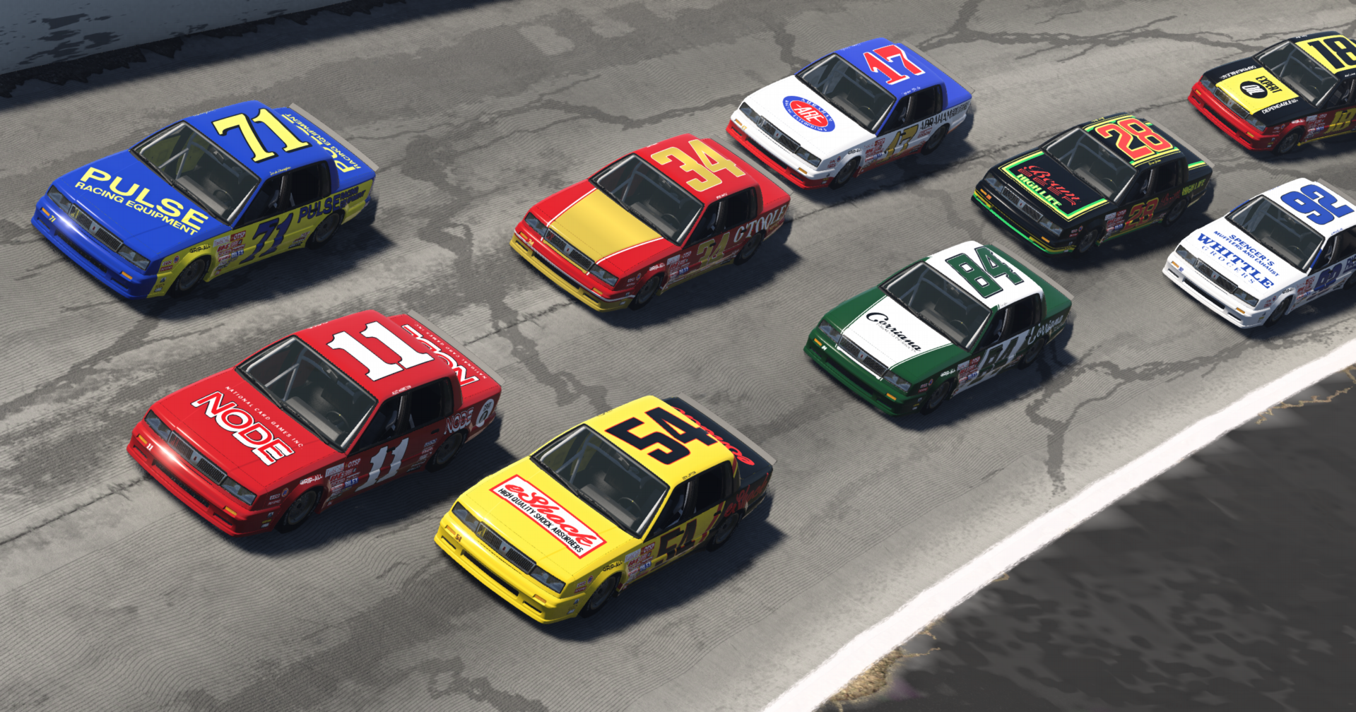 Colorful Bruckell Legran stock cars in fictional racing liveries arranged across a paved track.