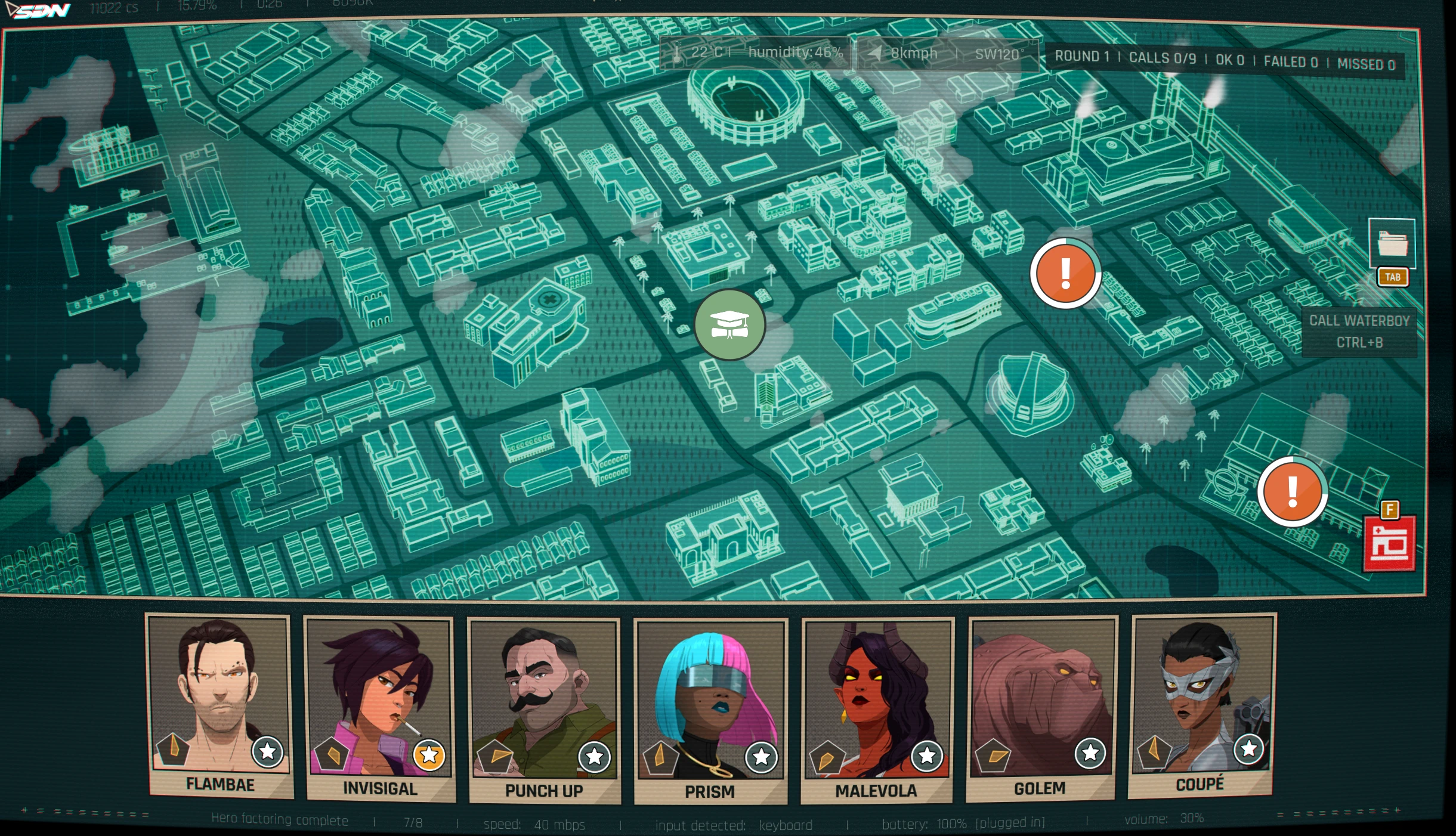 A green city dispatch map with orange call alerts and the hero roster along the bottom in Free Roam Dispatching.