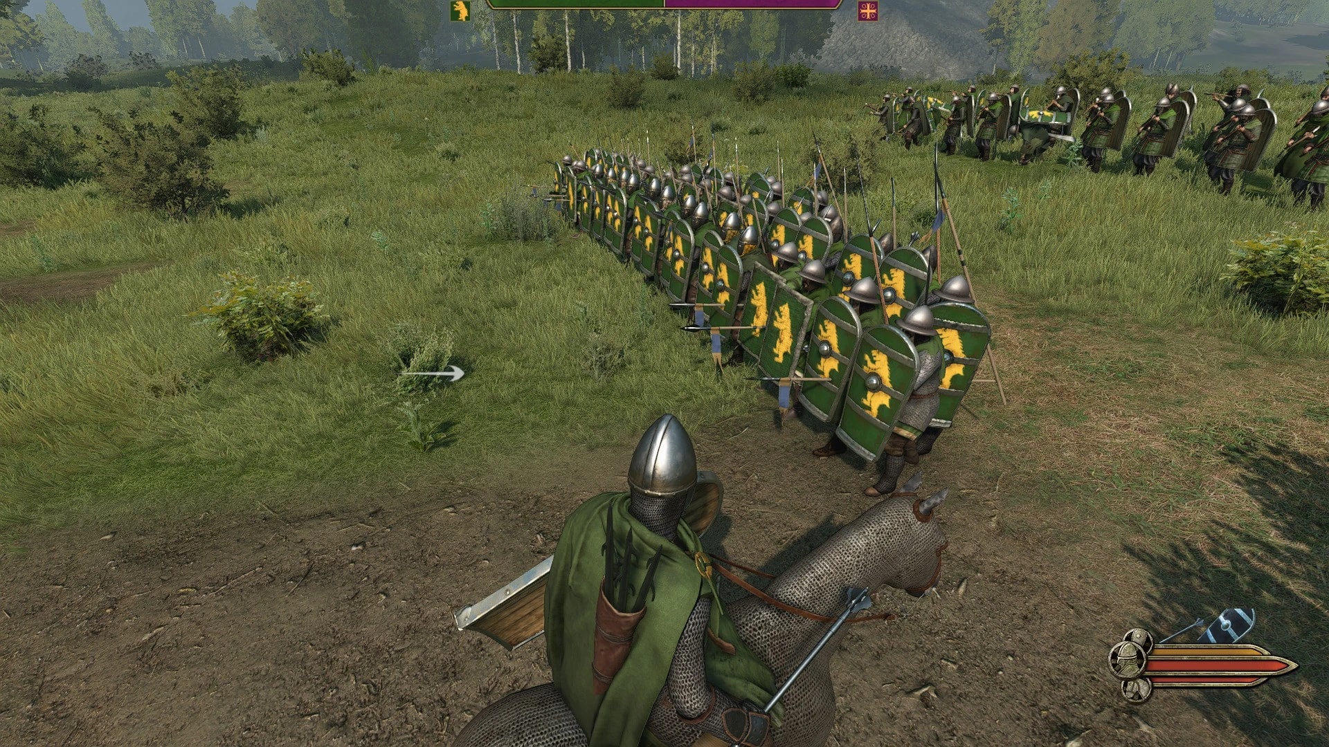 A mounted commander faces a line of Rhodok mercenaries carrying green shields with yellow lions in Bannerlord.