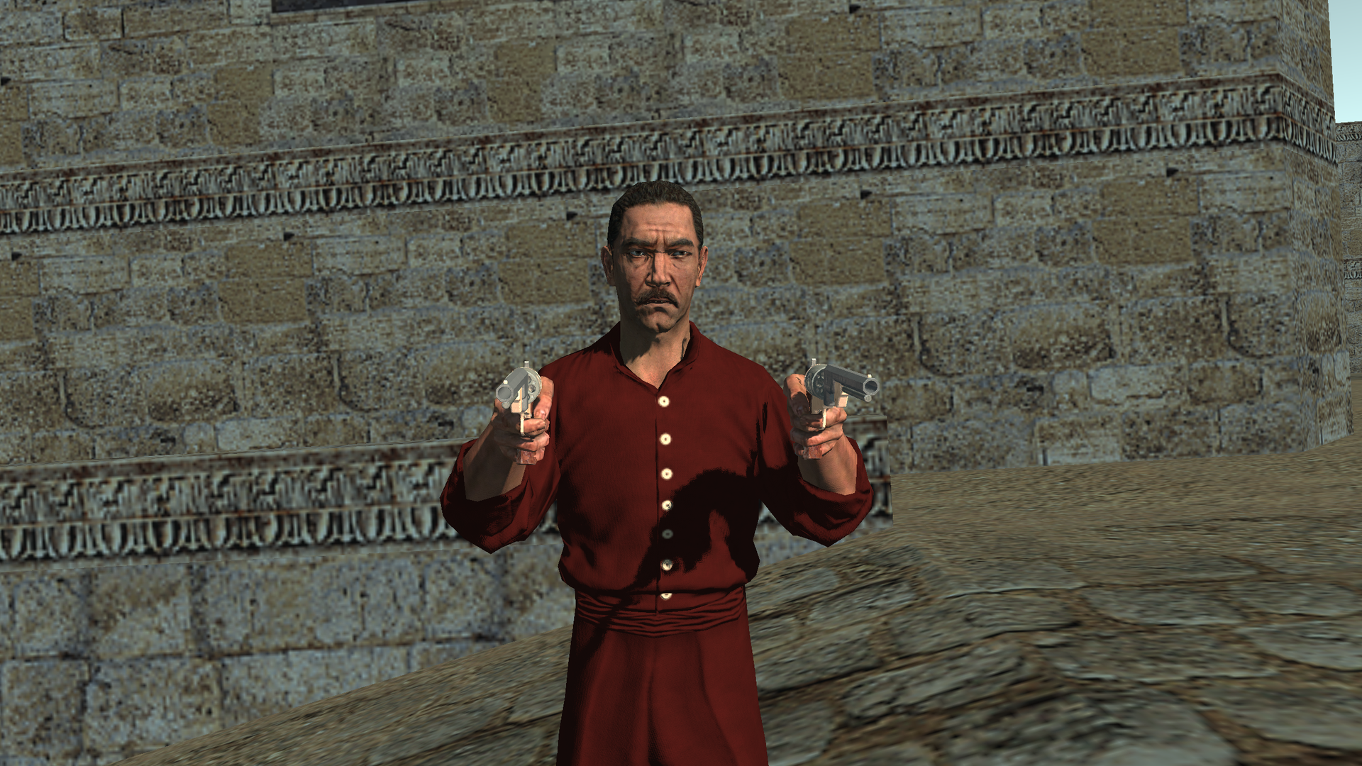 A red-shirted Rancher aims two pistols in a Call of Juarez: Bound in Blood multiplayer screenshot.