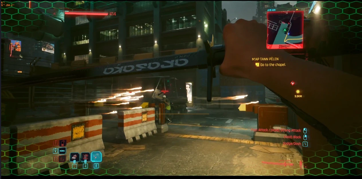 V holds a katana across the foreground while a cluster of glowing rounds hangs in front of a Night City barricade.