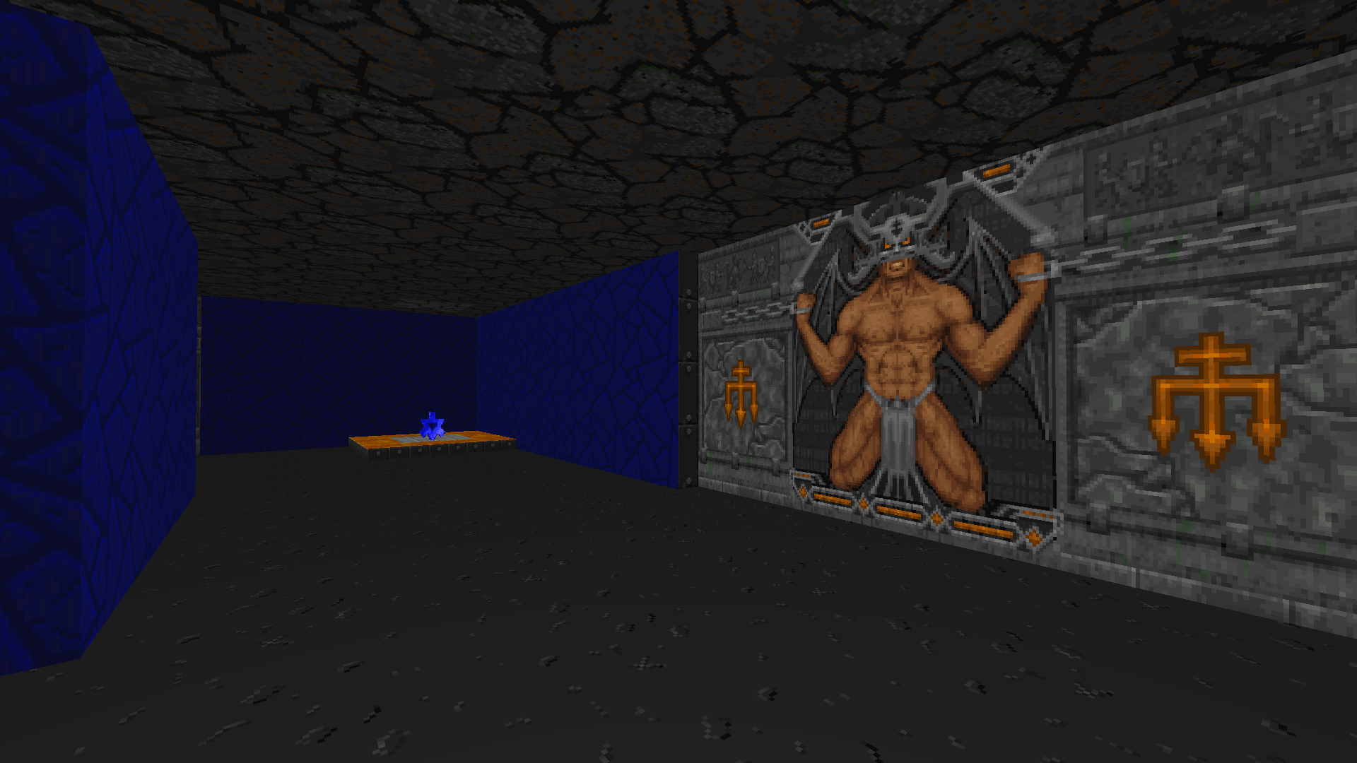 A blue key rests on a pedestal in a blue-walled Heretic chamber beside a large carved door in DoomMate’s development screenshot.