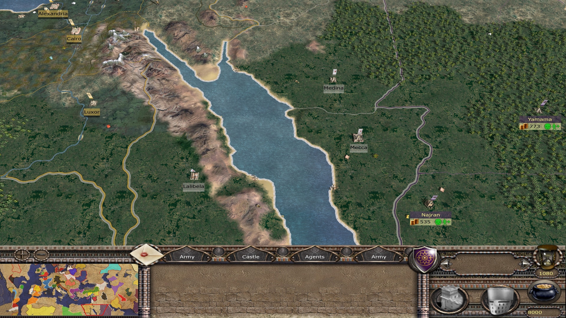 The Red Sea divides green campaign terrain and settlements in Random Start Total War’s alternate-history map.