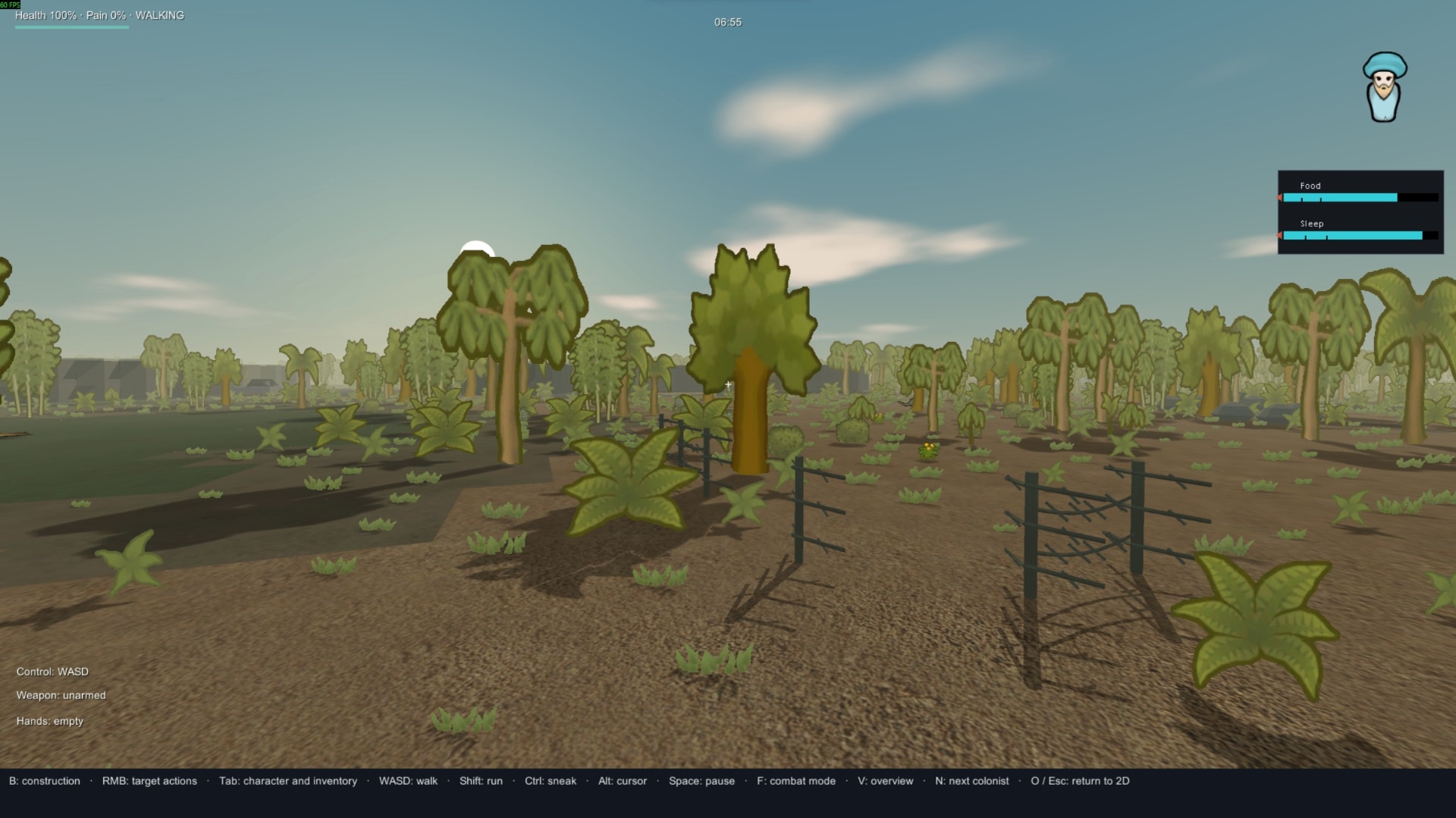 Trees, fencing and colony terrain appear at ground level in RimVision’s first-person RimWorld view, with the mod’s needs display and controls visible.