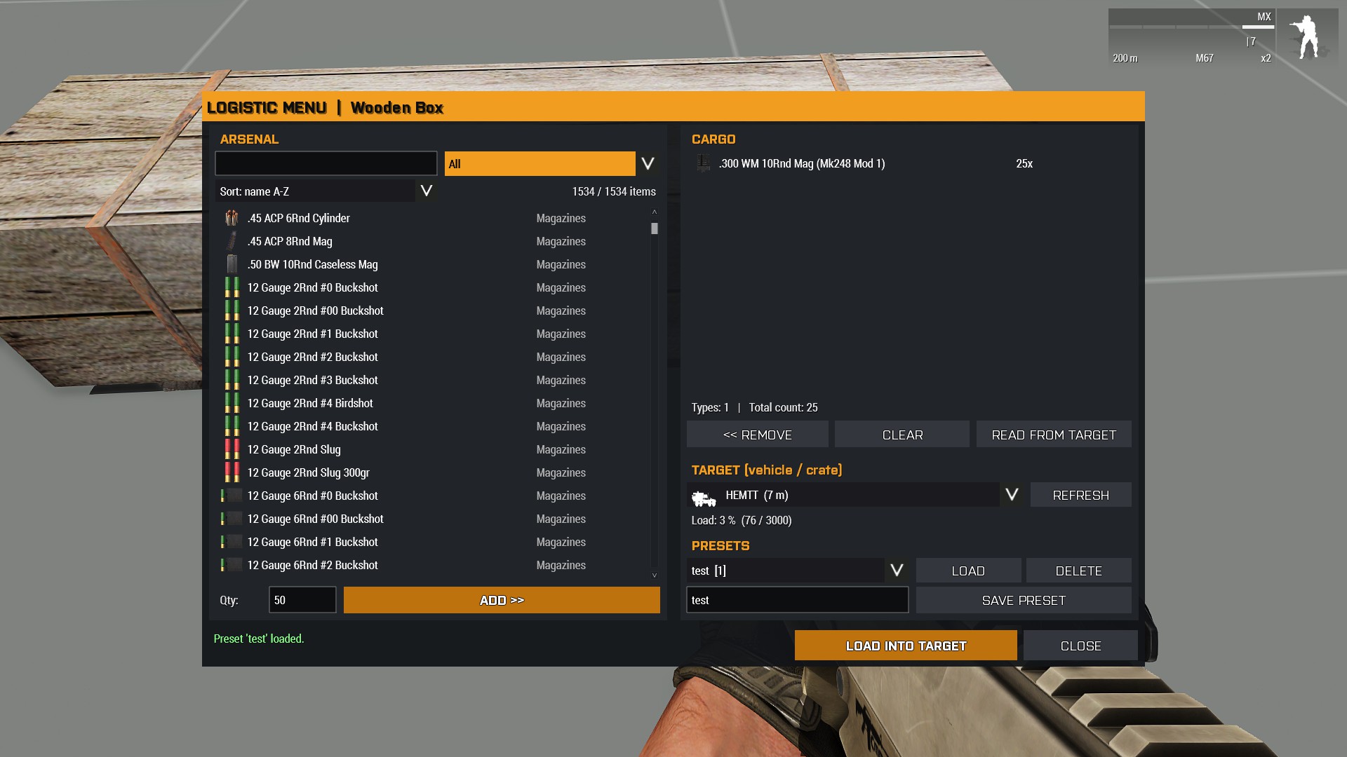 Arma 3’s Logistics Menu lists Arsenal ammunition, vehicle cargo and saved loadout presets.