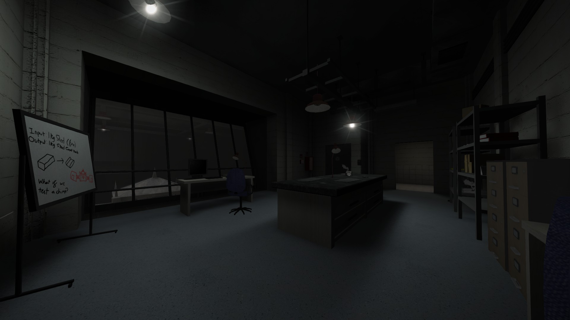 A dim SCP-914 observation laboratory contains a central workbench, shelves and a window into the test area.
