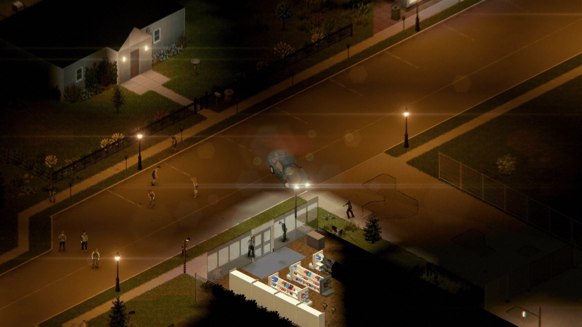 Street lamps and car headlights cast bright flares across a zombie-filled road in Project Zomboid.