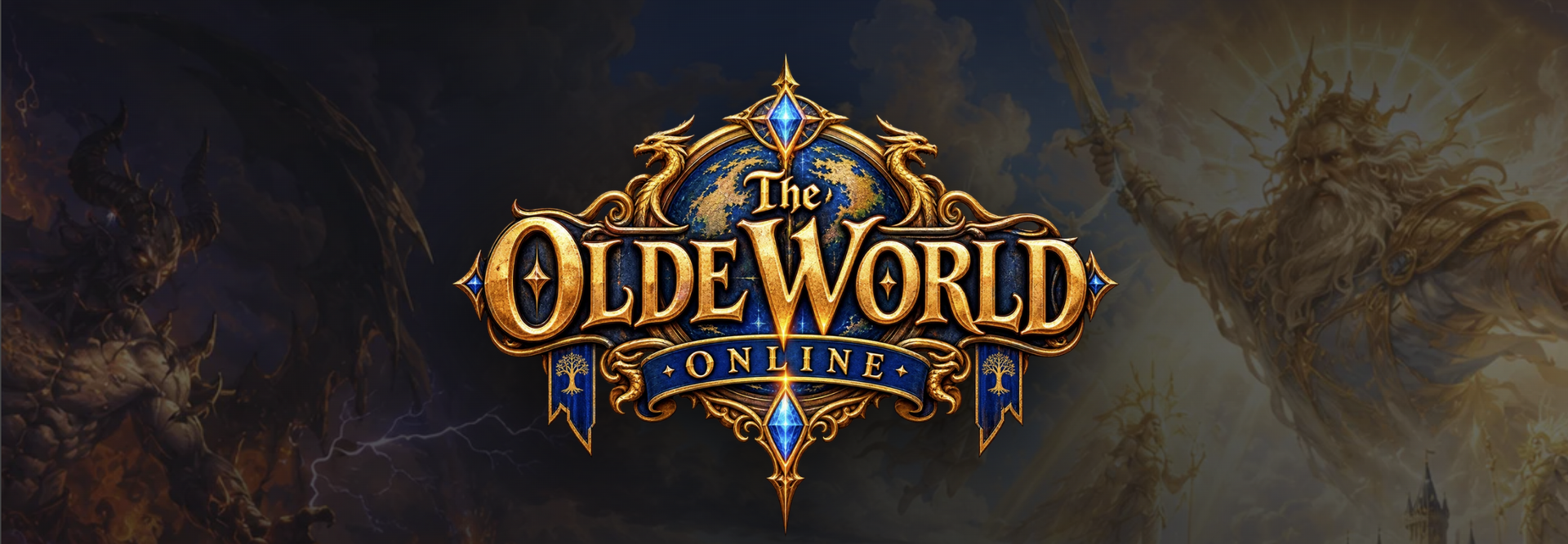 Promotional artwork for The Olde World: Online, featuring an ornate gold logo over a dark fantasy background with monstrous figures.