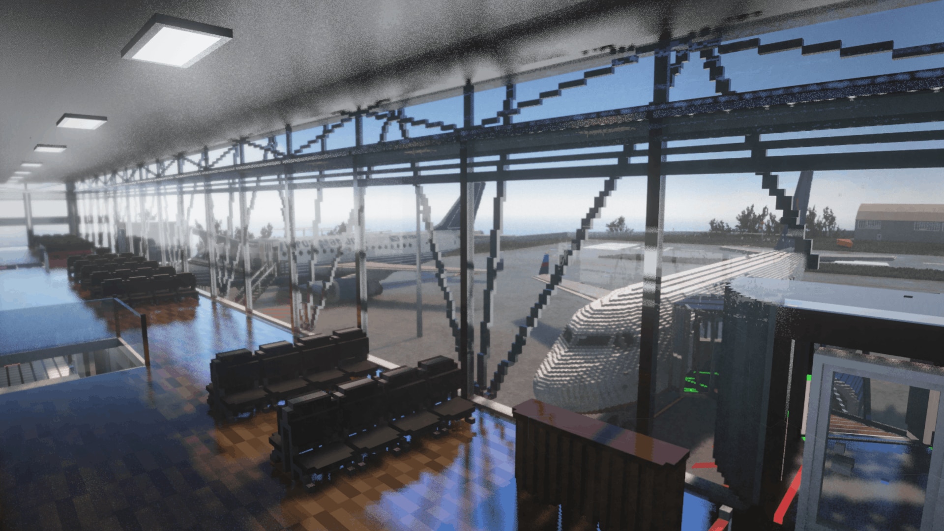Rows of seats inside Visposa airport’s glass-walled terminal look out onto passenger aircraft in Teardown.