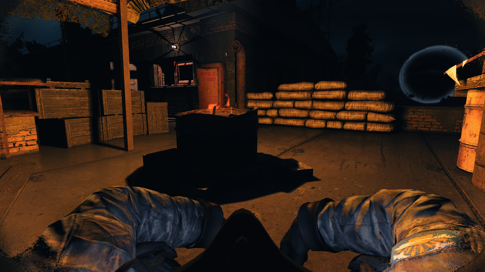 First-person view of a seated stalker beside a burning barrel, with bent arms visible in an orange-lit shelter.