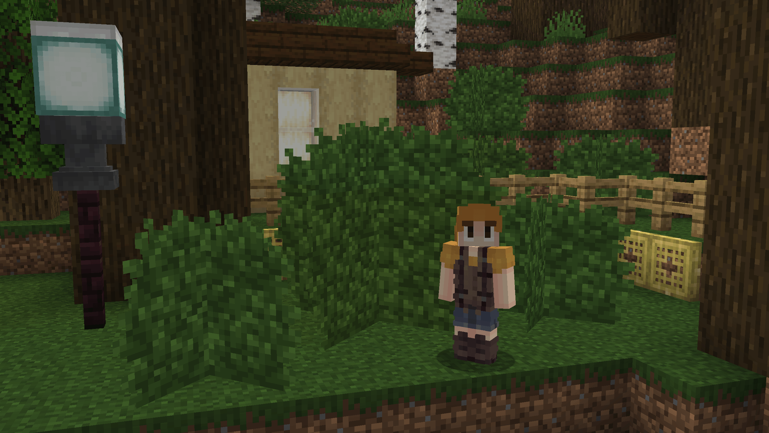 A Minecraft character stands beside oversized green bushes in a wooded garden.