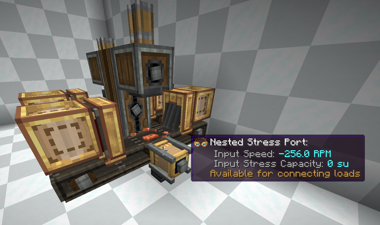 Create machines and belts sit inside a checkered pocket room, with a Nested Stress Port tooltip visible.