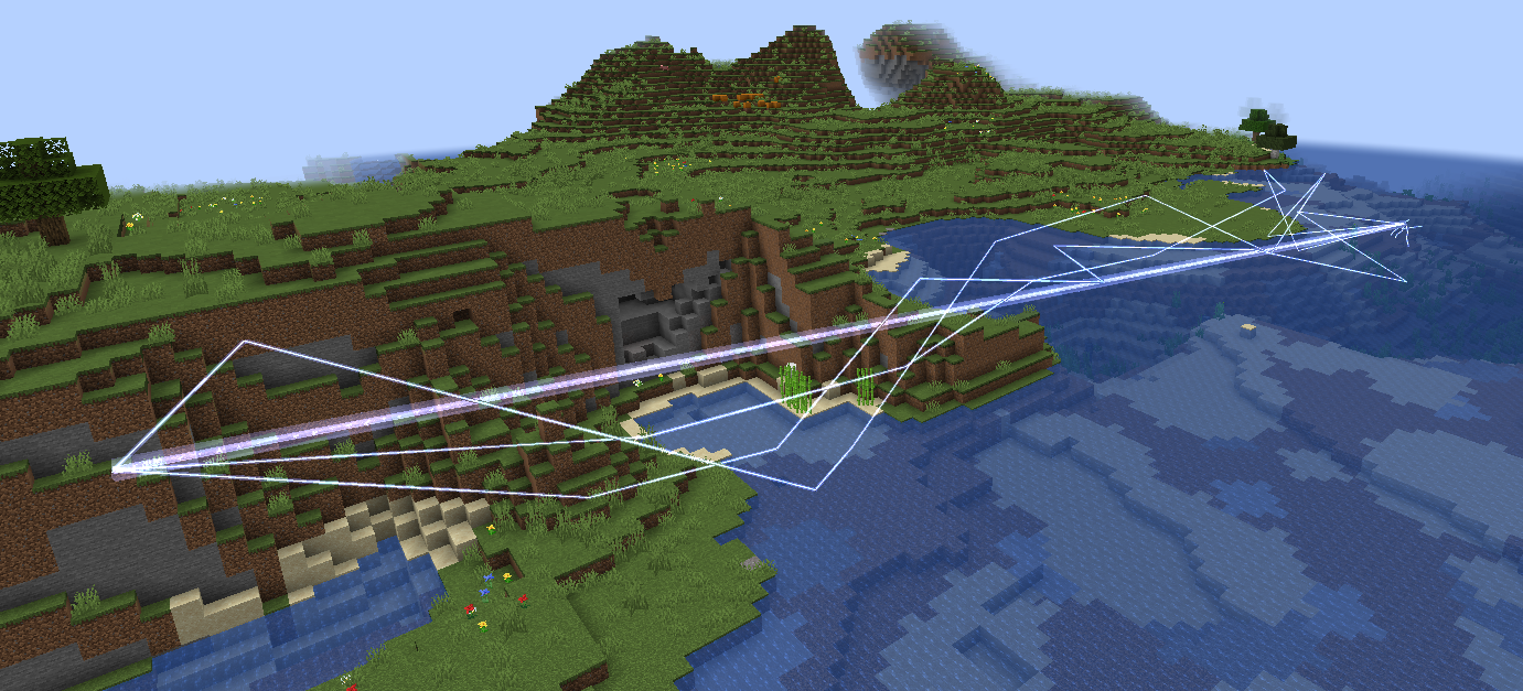 A bright, angular magic beam stretches across a grassy Minecraft coastline and the water beside it.