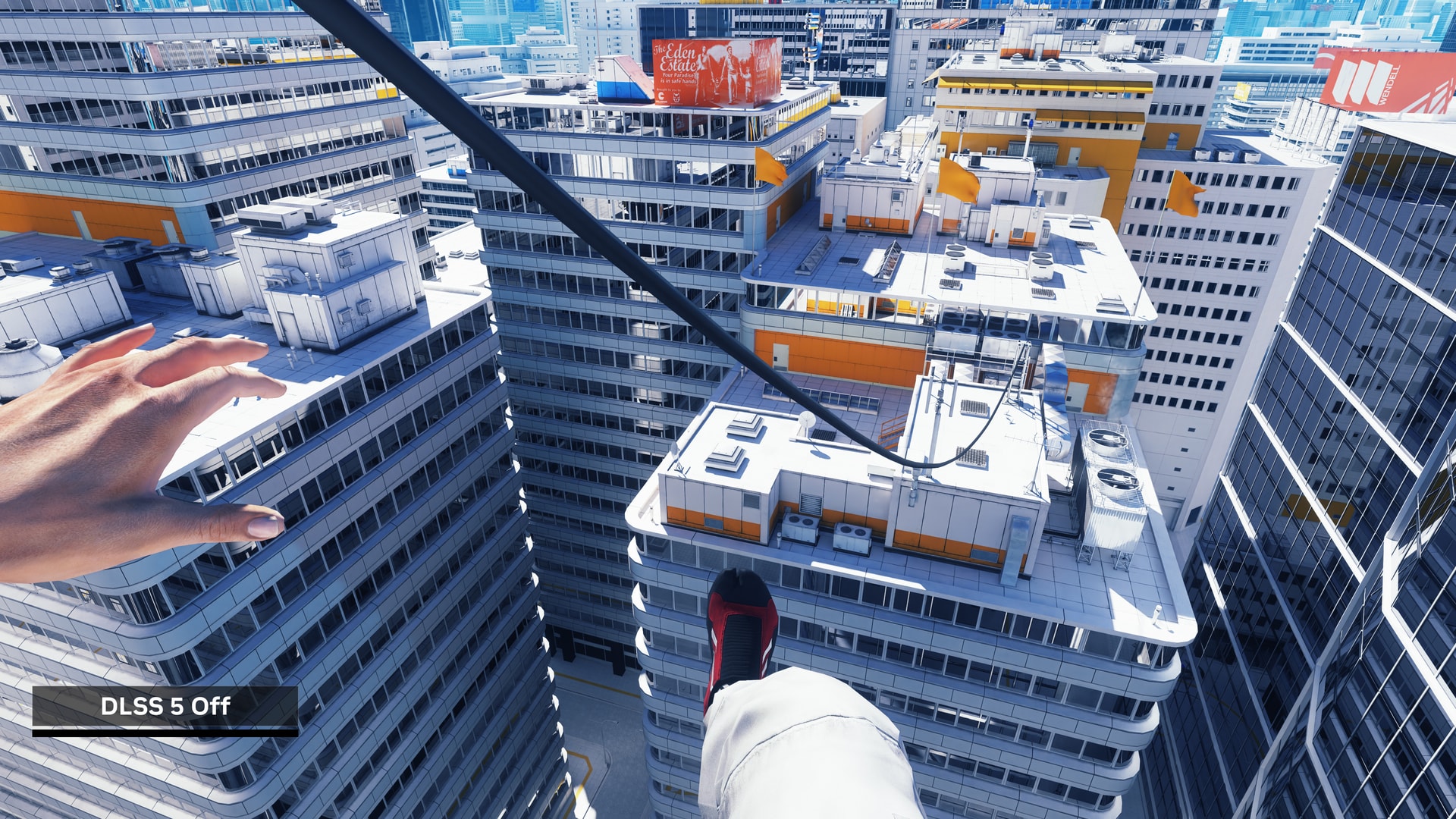 First-person rooftop scene from SoftSoundd’s Mirror’s Edge RTX preview, supplied by NVIDIA and explicitly labelled DLSS 5 Off.
