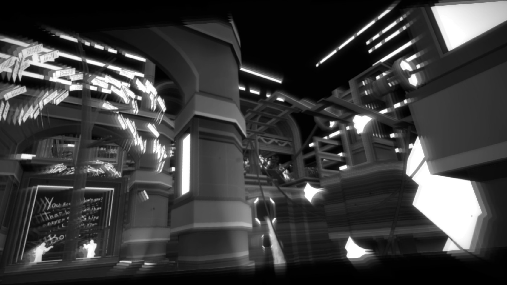 Black-and-white industrial chamber in DISREPAIR, with heavy columns, suspended lights and layered metal walkways.