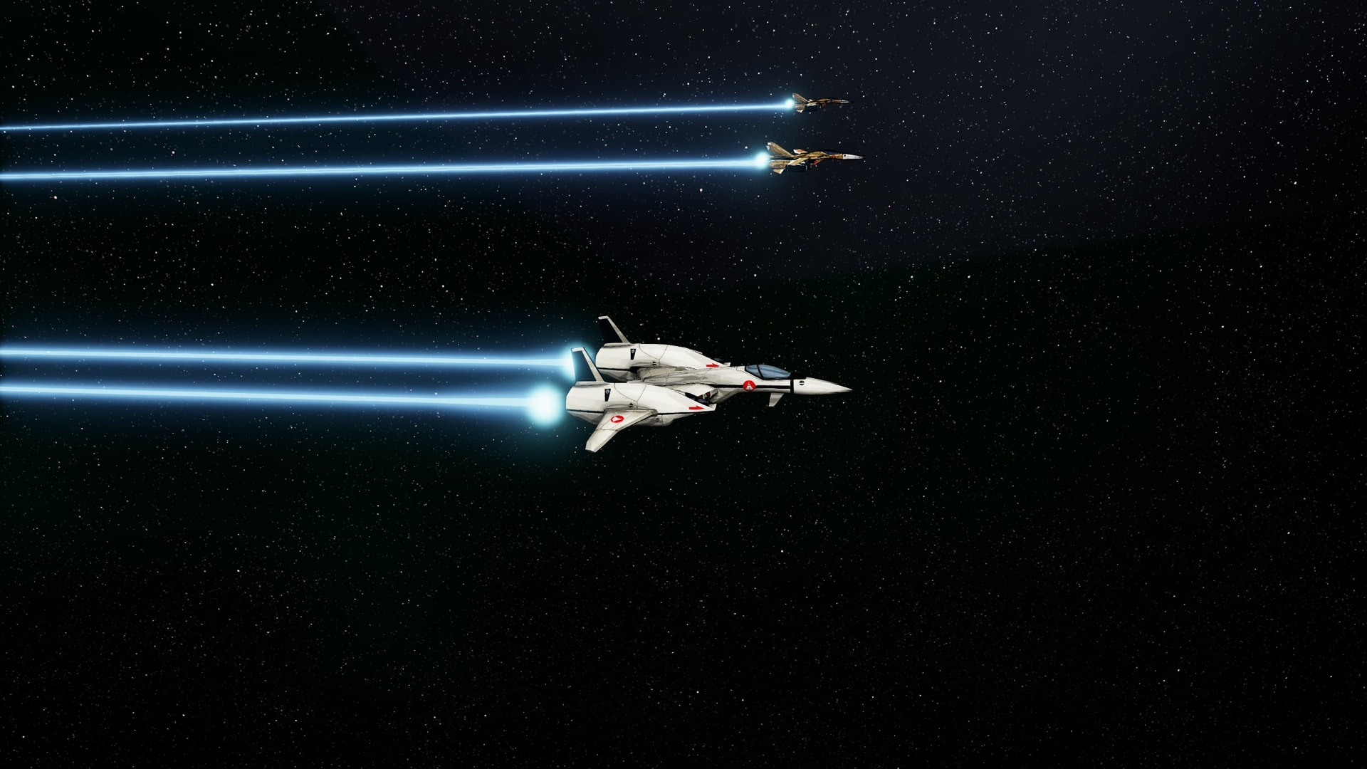 A white spacecraft flies through a star field with two smaller craft above it, leaving bright blue engine trails.