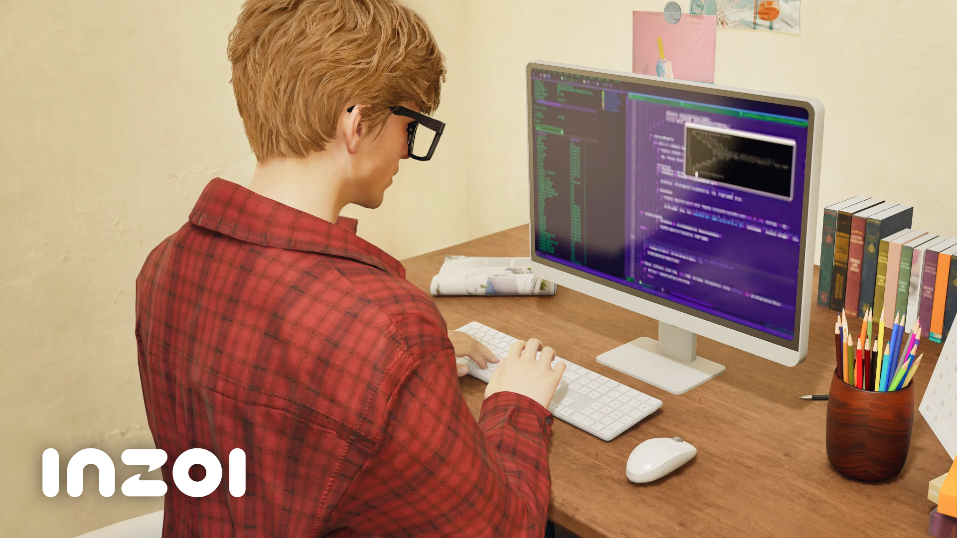 A Zoi in glasses and a red plaid shirt types at a desk facing a monitor displaying code.