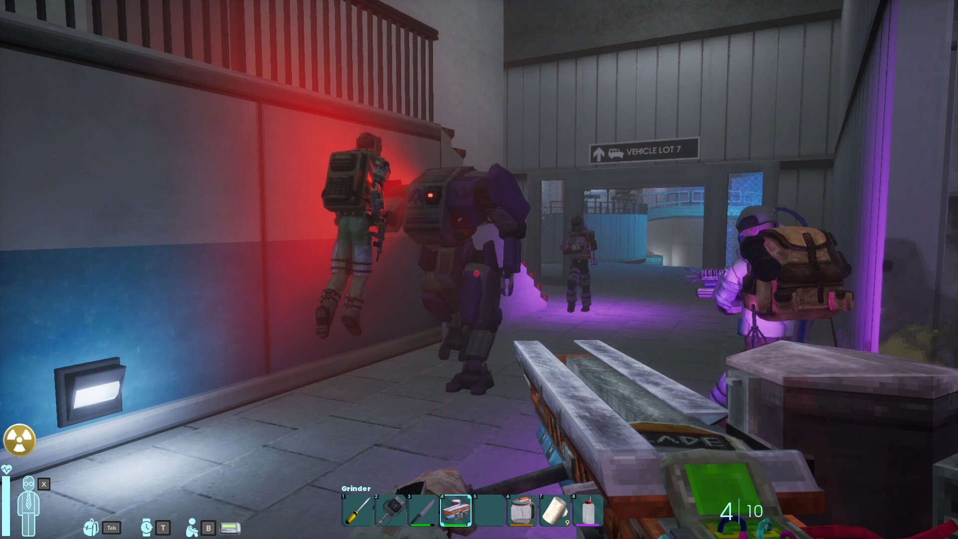 Scientists and a large robot occupy a red-and-purple-lit corridor in Abiotic Factor.