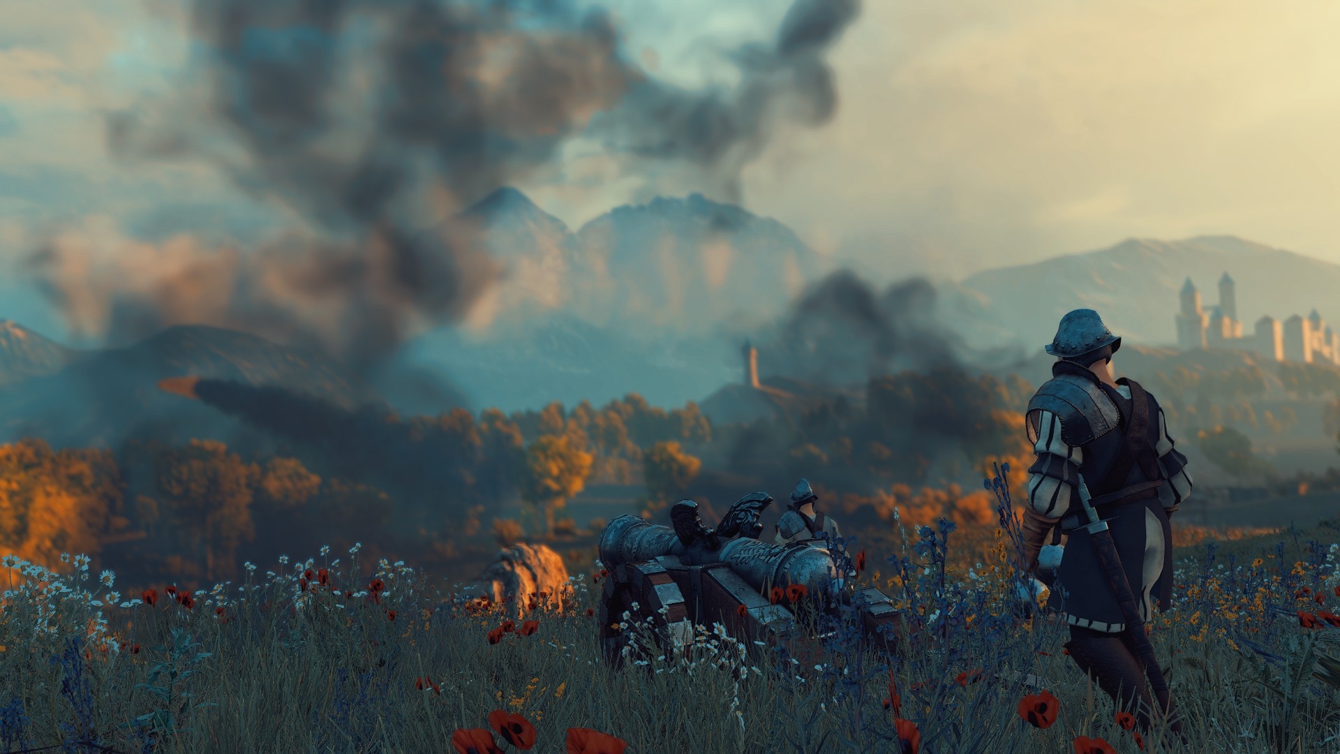 An Empire cannon crew overlooks a smoke-filled battlefield in The Old Realms for Bannerlord.