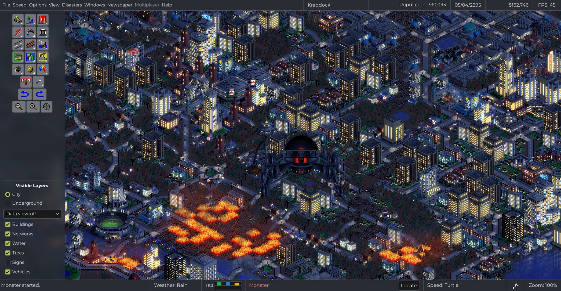 A monster looms over burning streets and illuminated buildings in a nighttime Reticulating Splines city.