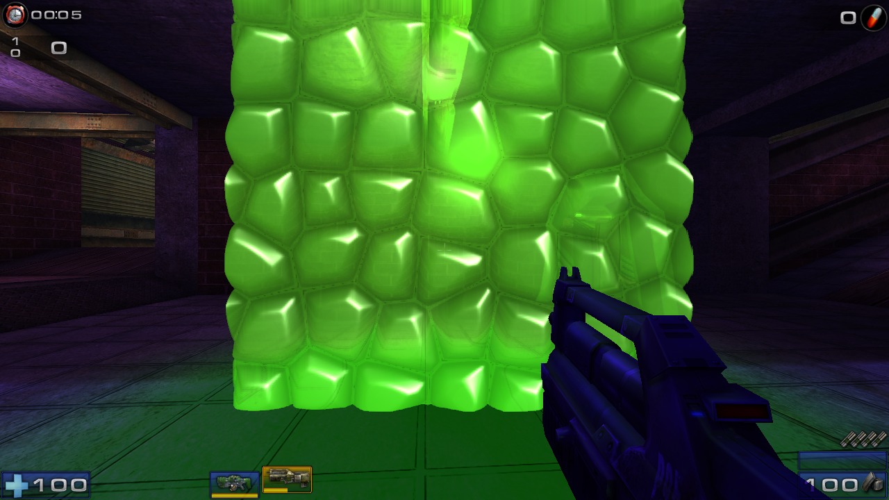 A glowing green uranium-glass effect fills a brick room in Unreal Tournament 2004.