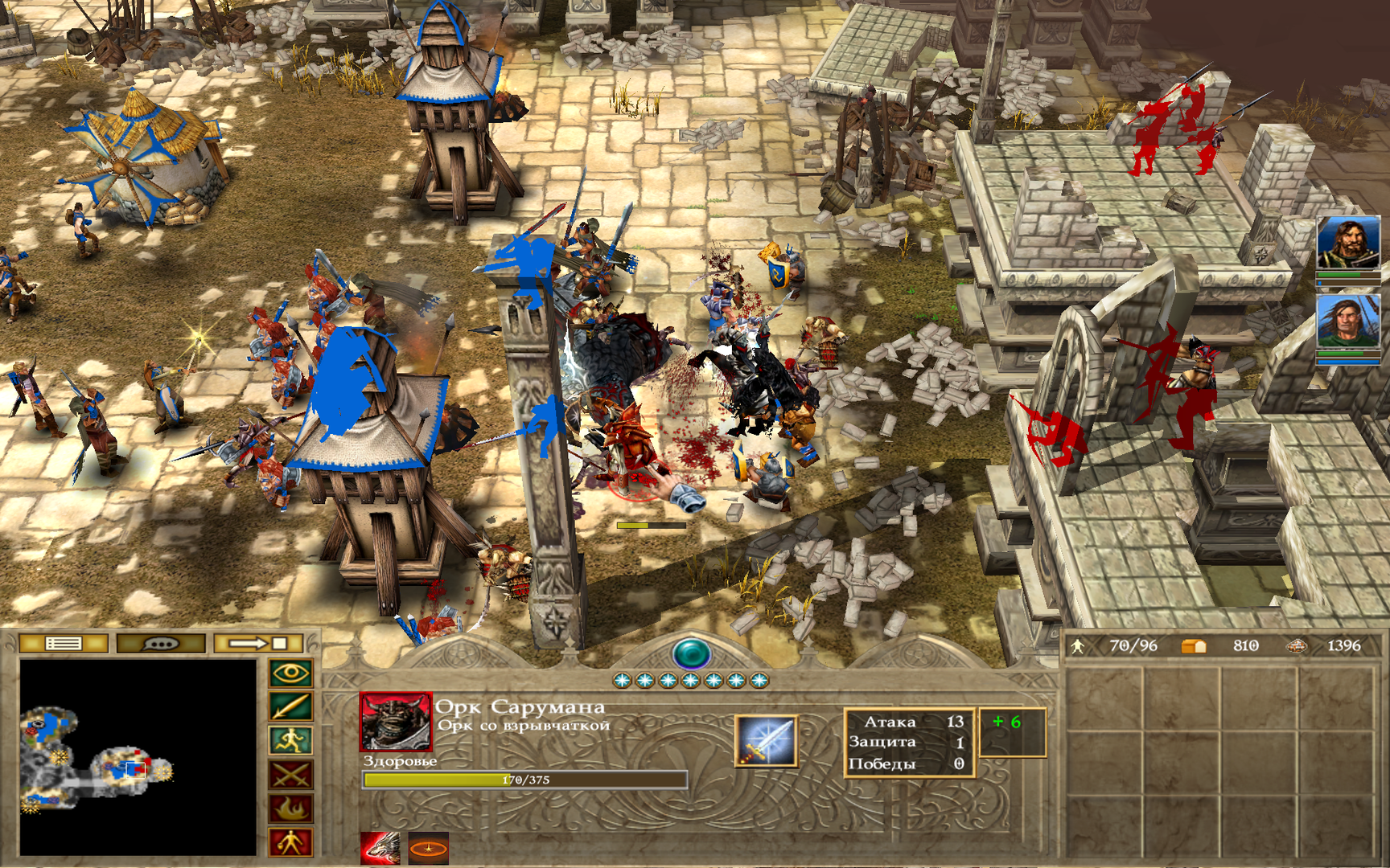 Armies clash among stone ruins and blue-trimmed towers in Campaign Reforged for War of the Ring.