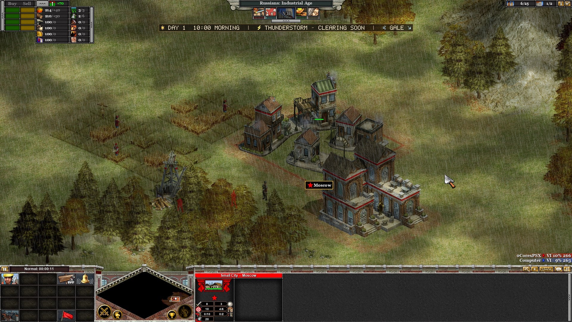 A settlement amid cloud shadows in Rise of Nations: Extended Edition.