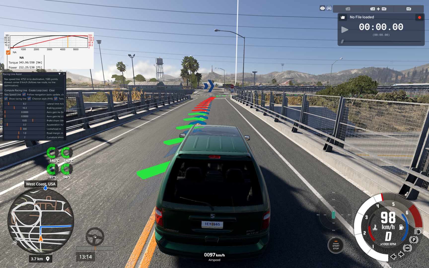 Green and red navigation-assist chevrons ahead of a vehicle on a West Coast USA road in BeamNG.drive.