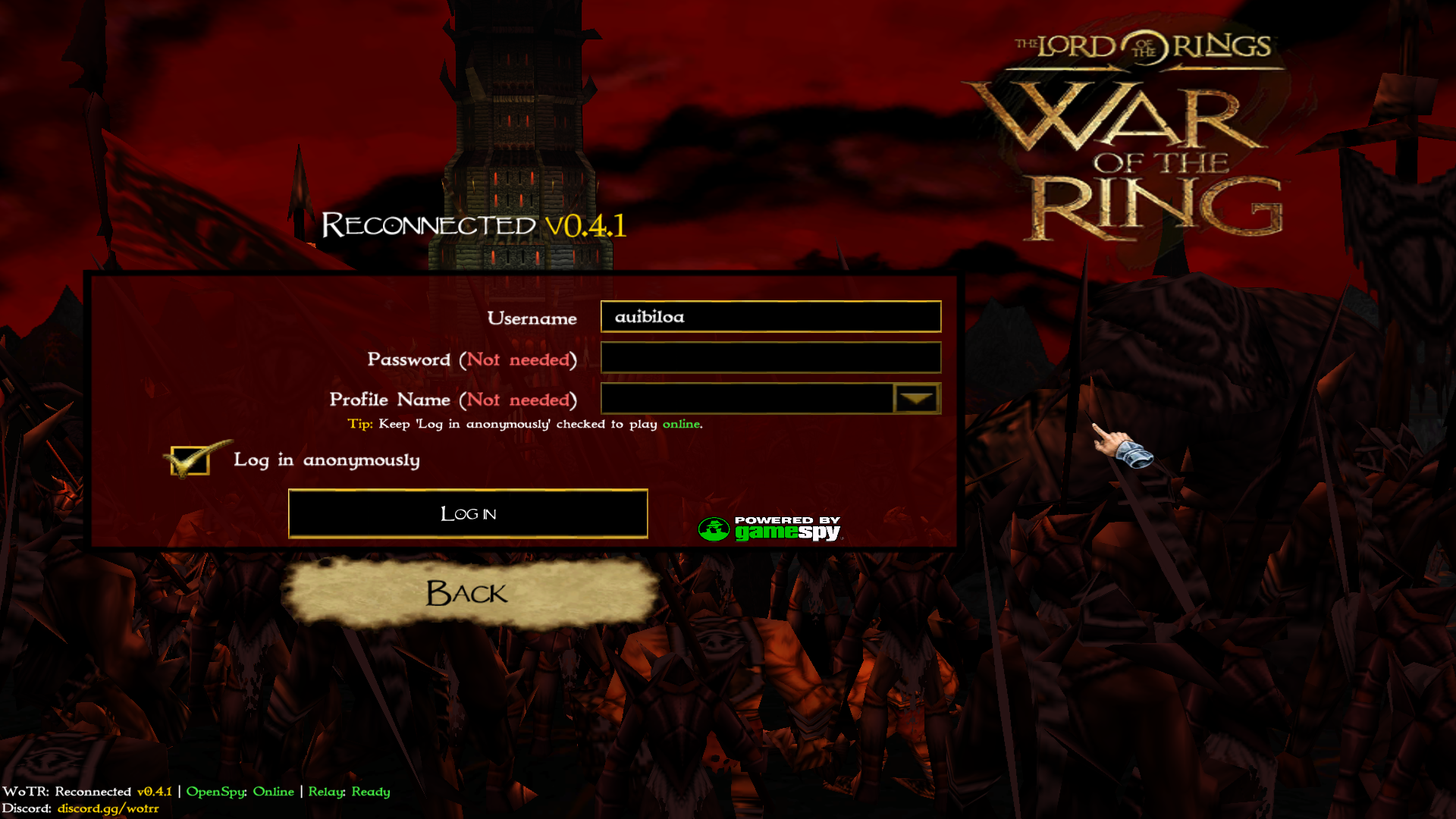 War of the Ring Reconnected multiplayer login with anonymous sign-in selected.