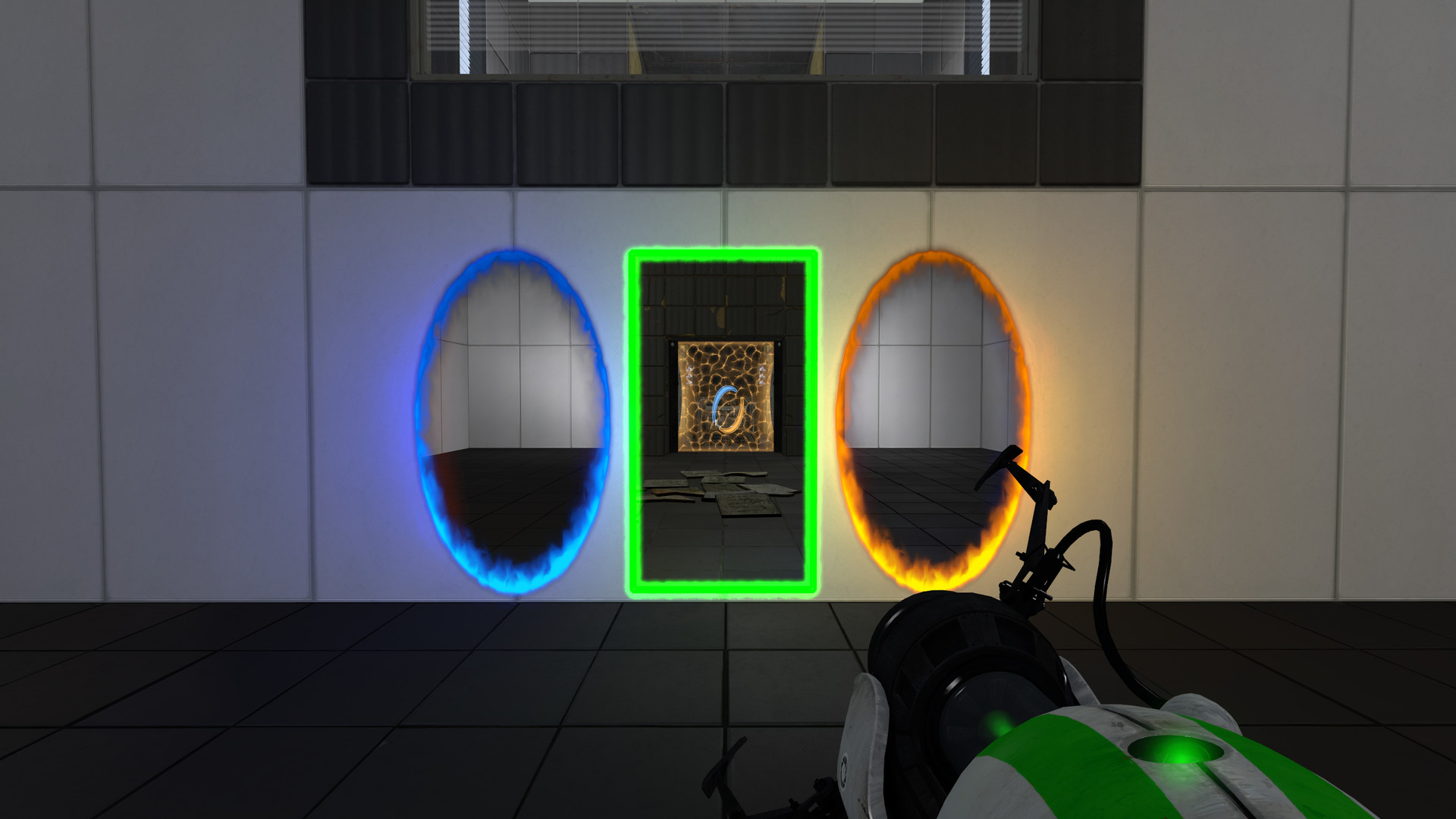 Blue and orange portals flank a rectangular green time portal in a Portal Reloaded test chamber.