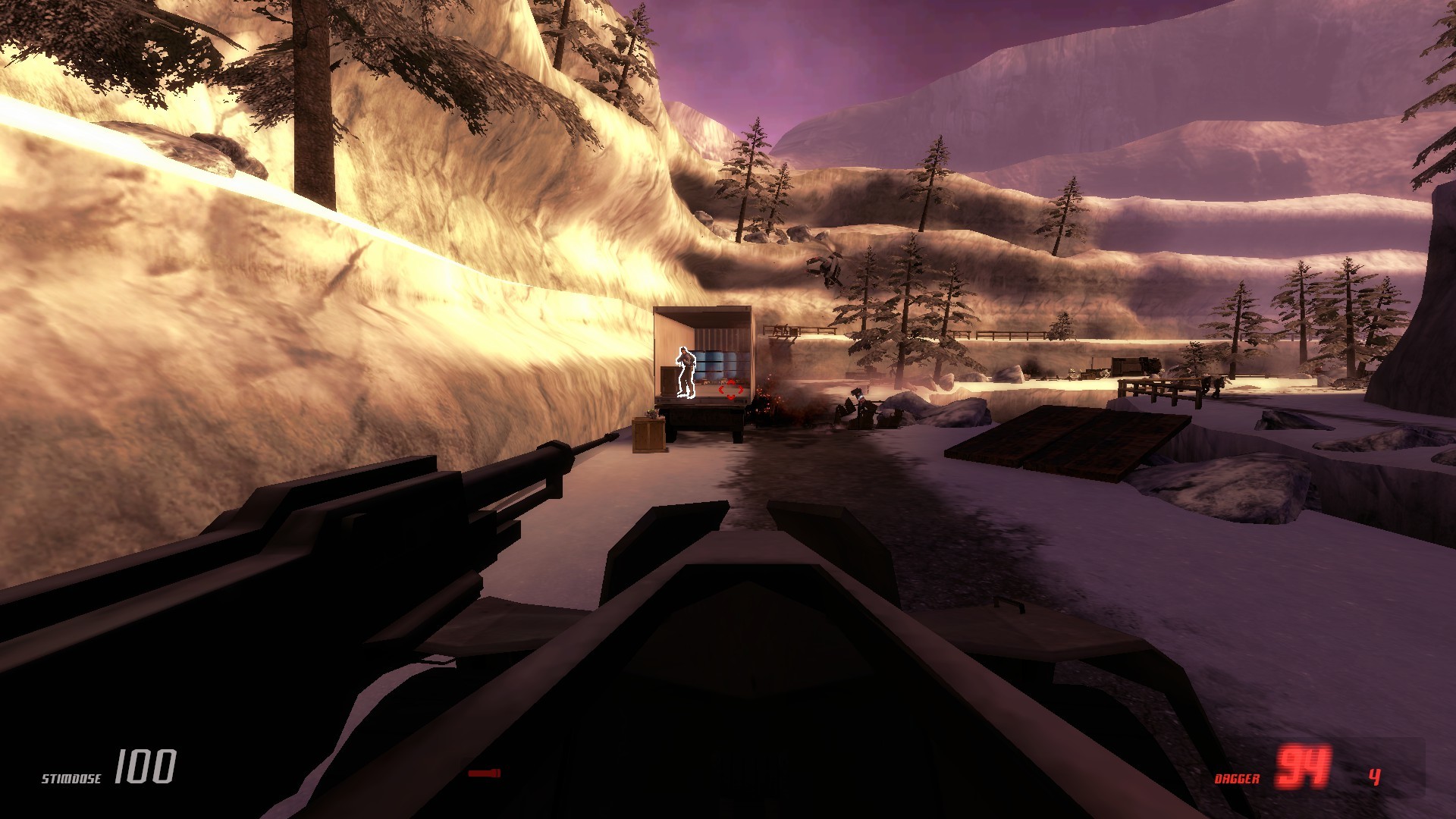 First-person mounted weapon faces a truck and rebels in a snowy valley in Entropy: Zero 2.