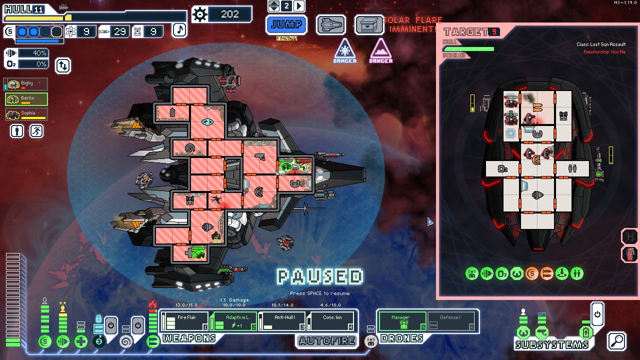 An FTL: Multiverse ship battles a Lost Sun vessel near a solar flare.