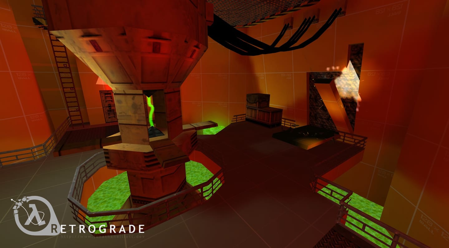 An unfinished orange blockout of Retrograde’s collapsing industrial chamber, with damaged walkways above green toxic liquid.