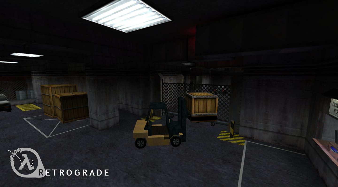 A yellow forklift raises a wooden crate in a dark industrial room in Half-Life: Retrograde.