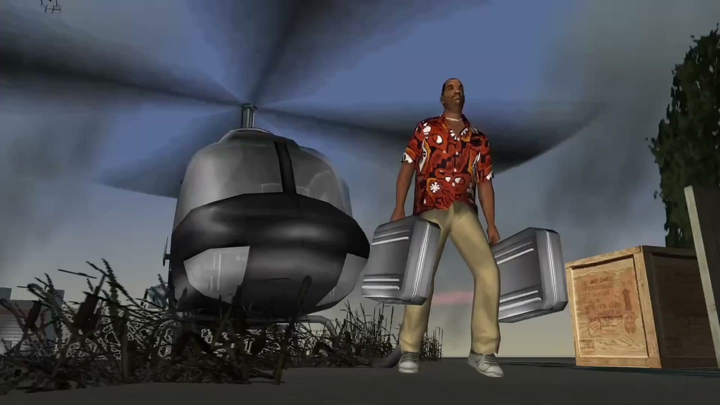 A man carrying two cases stands beside a helicopter in a ViceBounce creator screenshot.