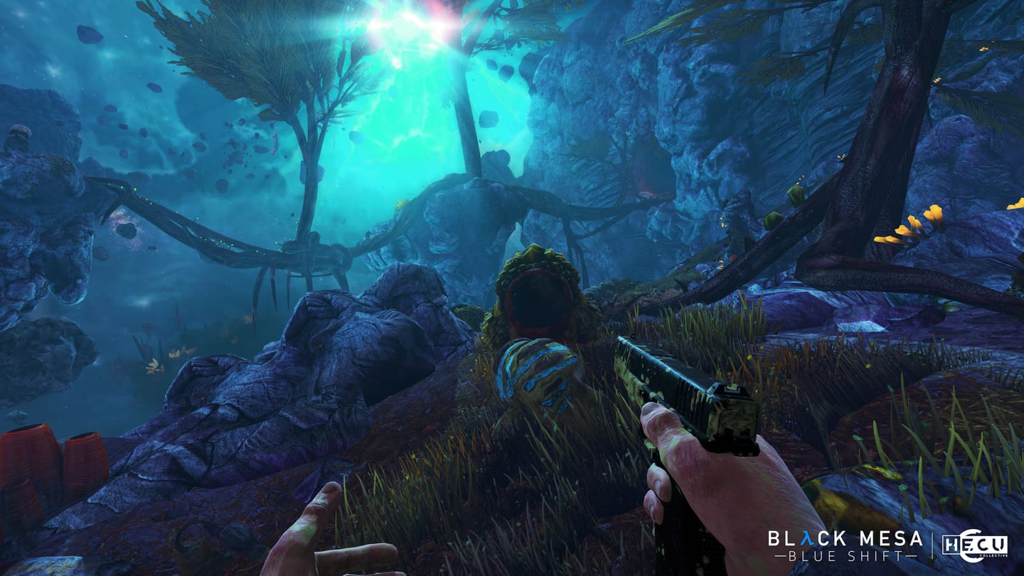A pistol points into a luminous blue alien landscape in Black Mesa: Blue Shift.
