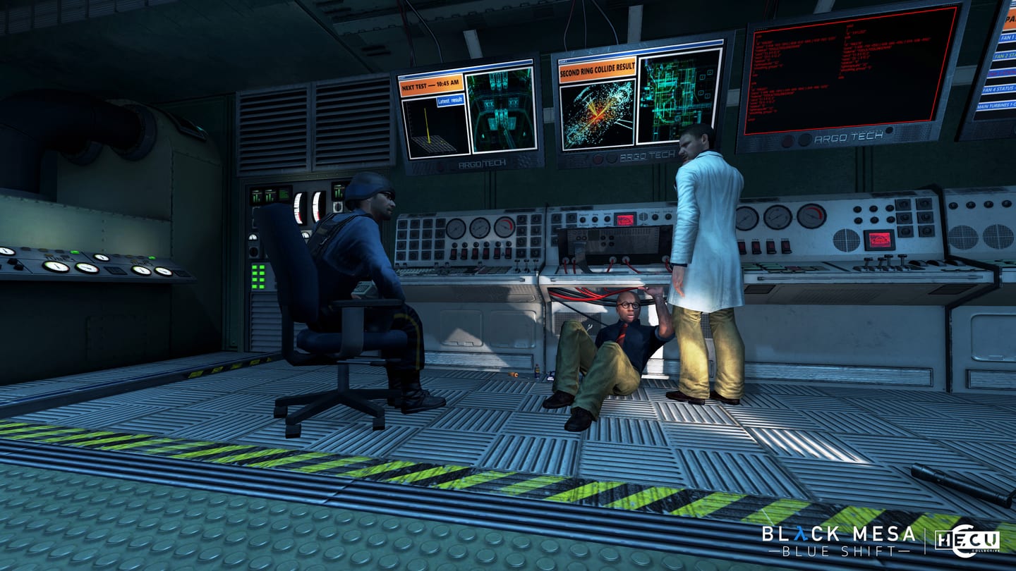 A seated security guard watches two scientists working beneath monitors in a Black Mesa control room.