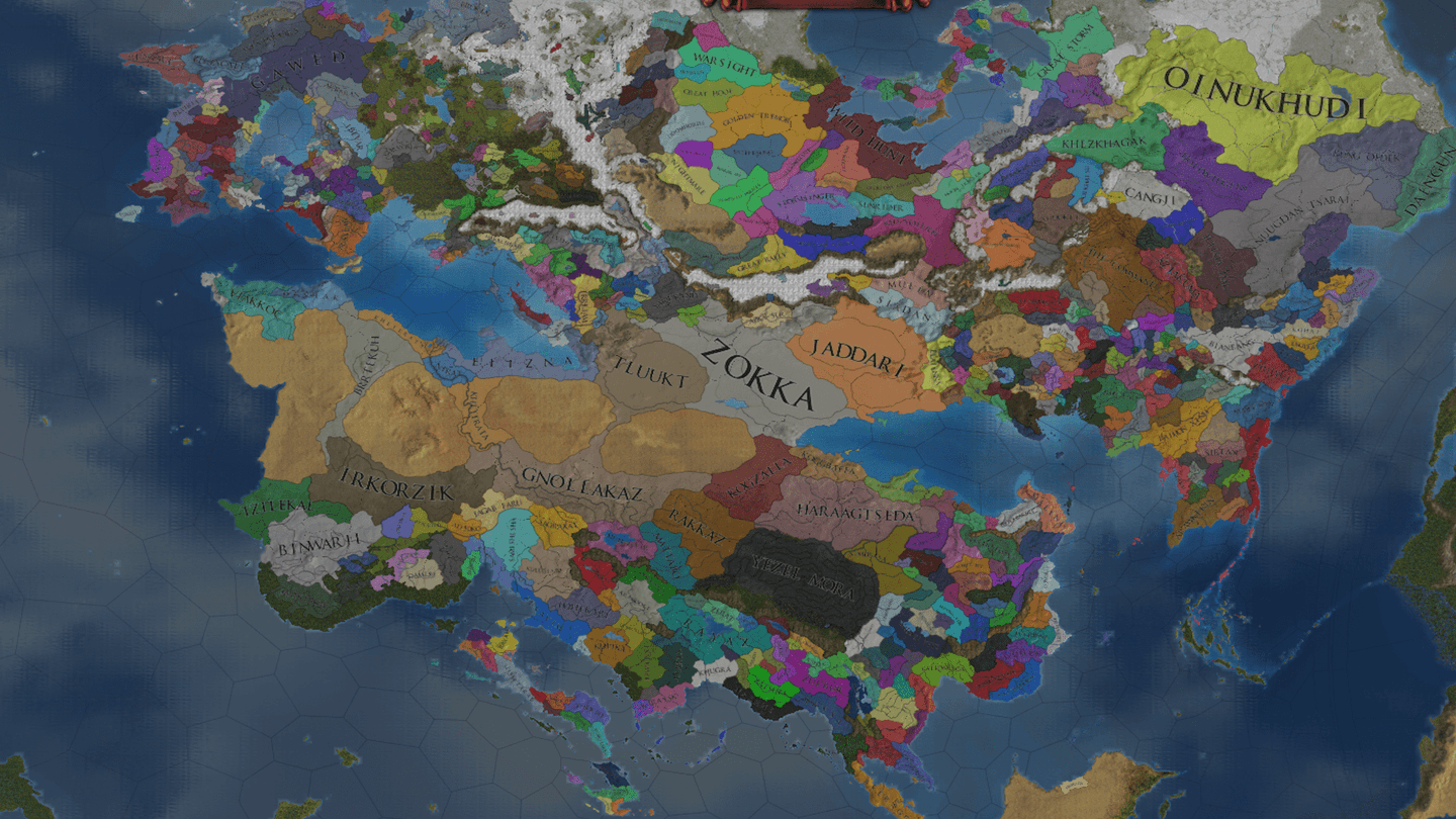 Color-coded kingdoms span the fantasy continents and mountain ranges of Anbennar’s Europa Universalis IV world map.