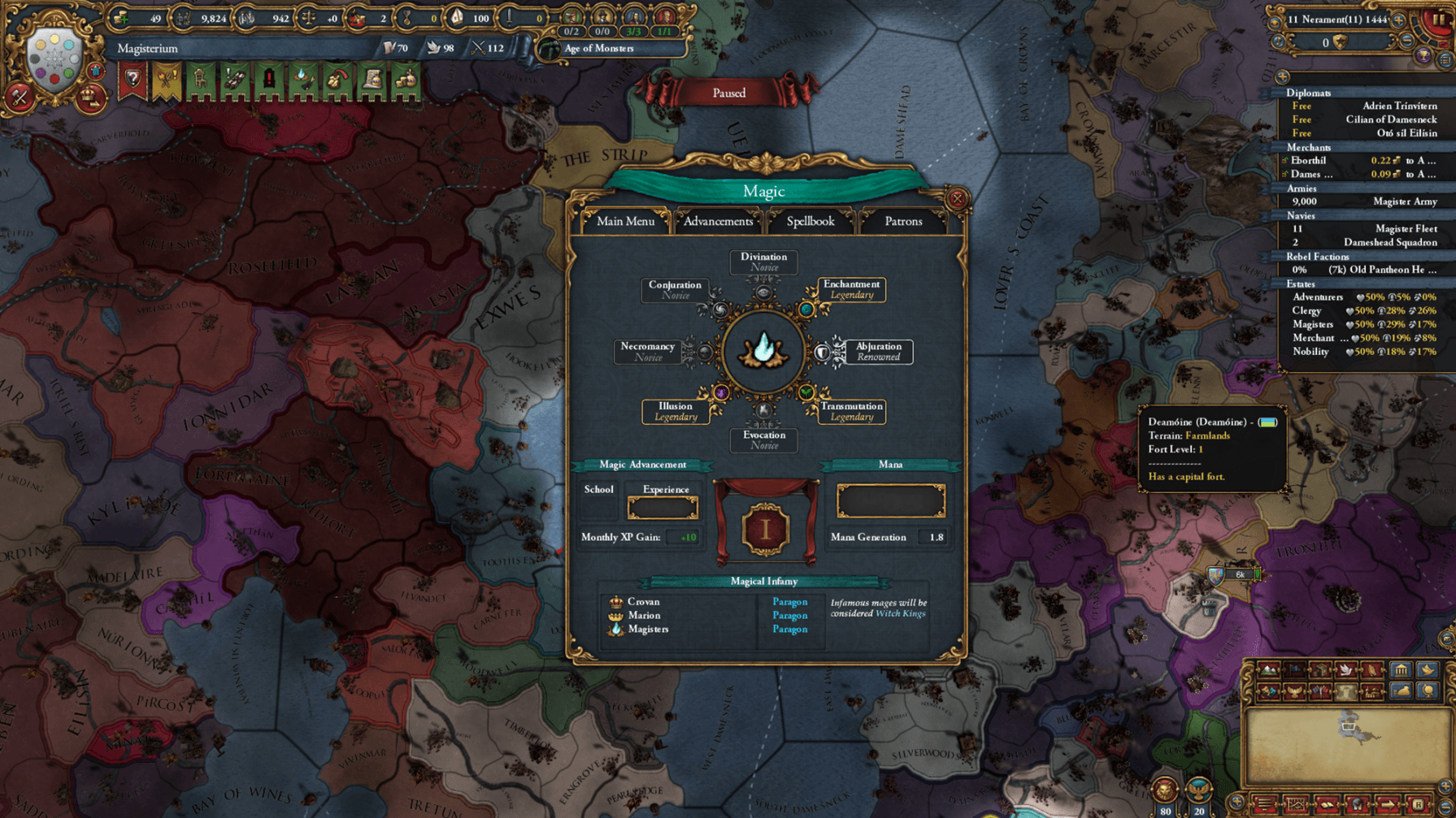 A fantasy strategy-game map with a magic menu listing schools and progression.