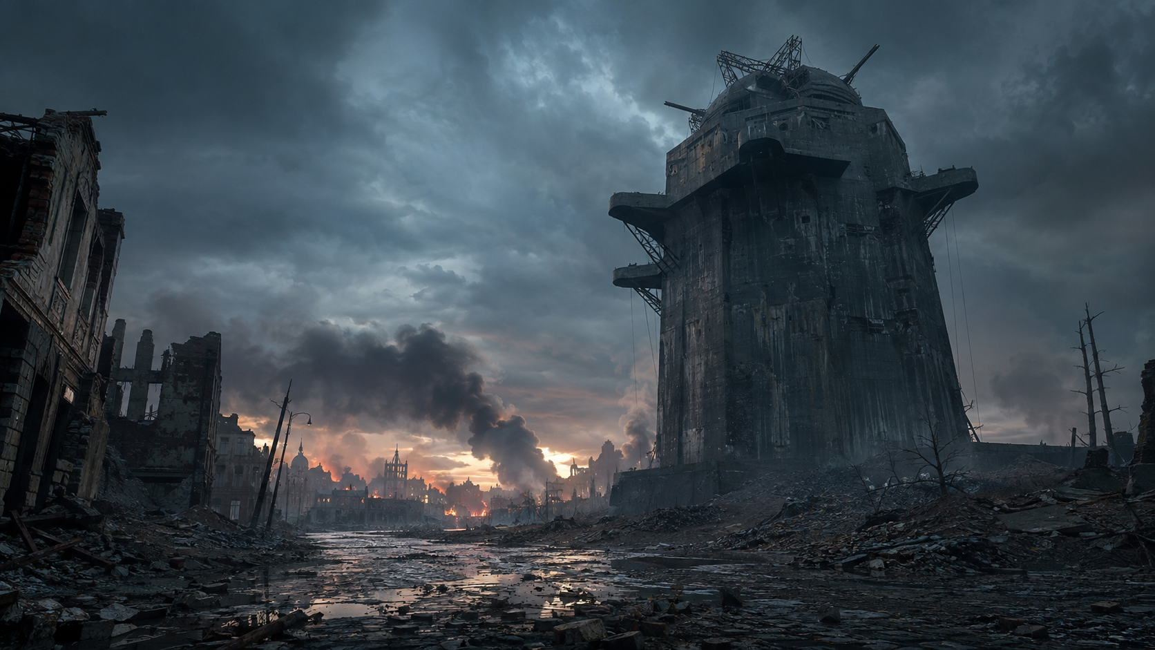 Ruined Flak Tower rising over a war-torn city at dusk