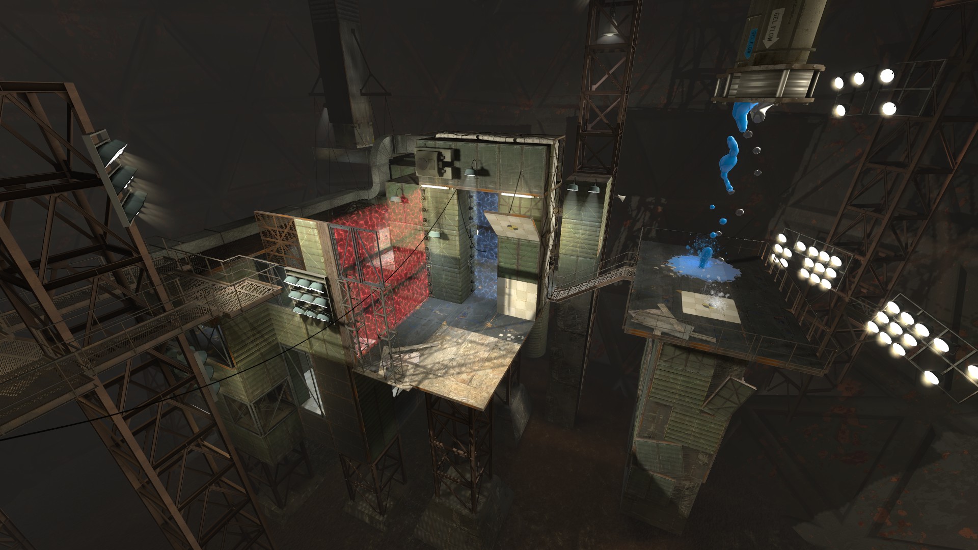 An elevated test chamber with red and blue energy fields and a blue gel dispenser in Portal Stories: Mel.