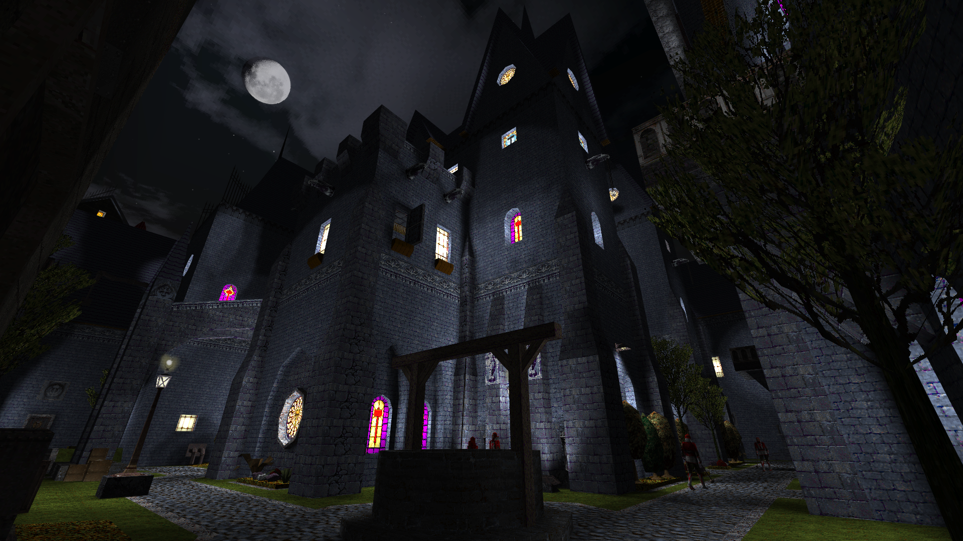 A moonlit stone building with illuminated stained-glass windows towers above guards in The Black Parade.