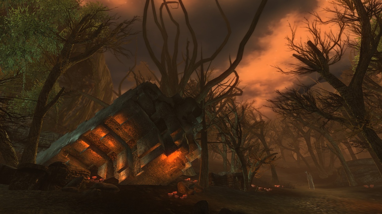 An orange-lit stone ruin beneath bare twisted trees in Nehrim.